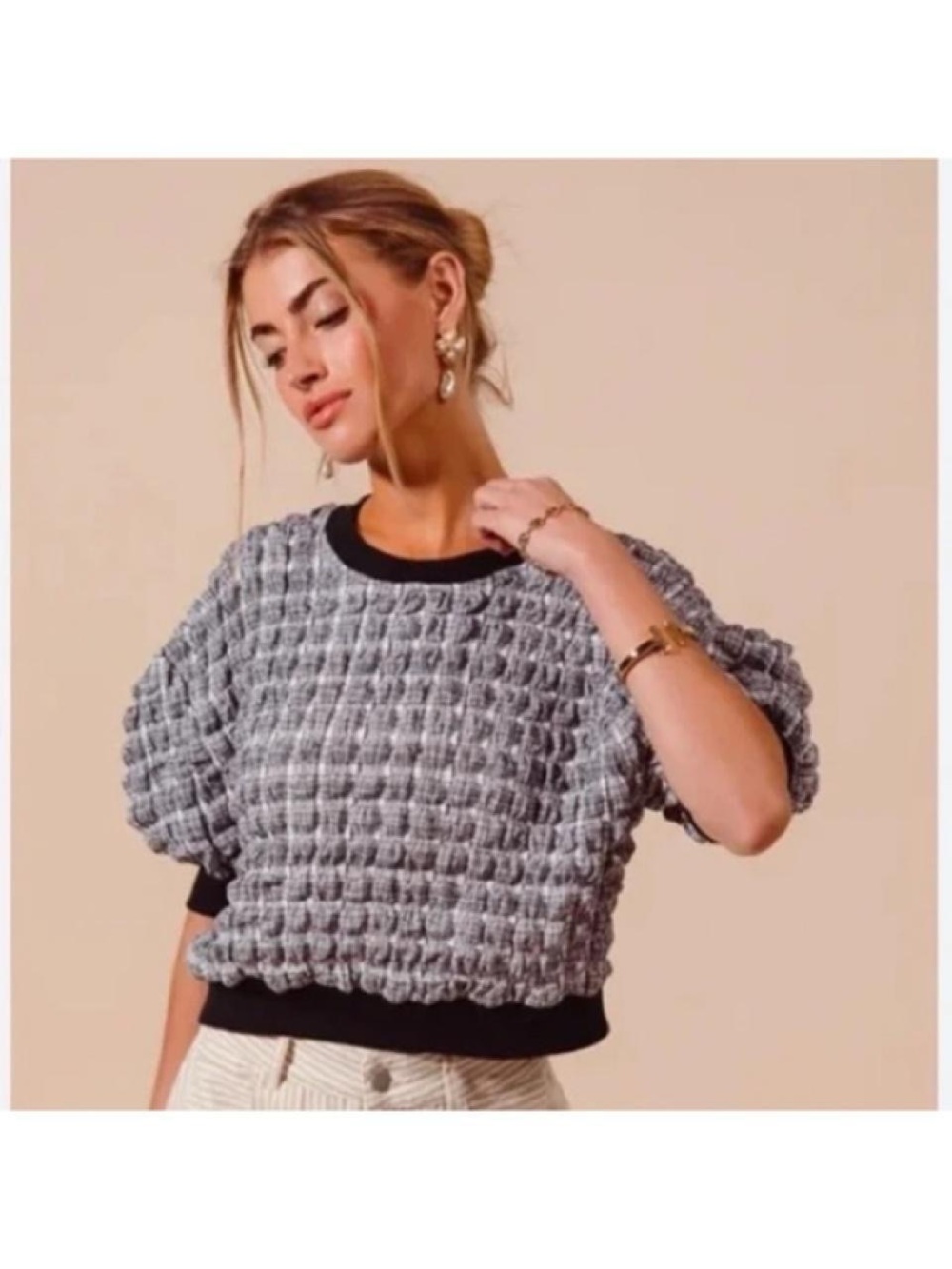 Anthropologie Maeve grey/black puff sleeve top Size S #puffysleeve #feminine